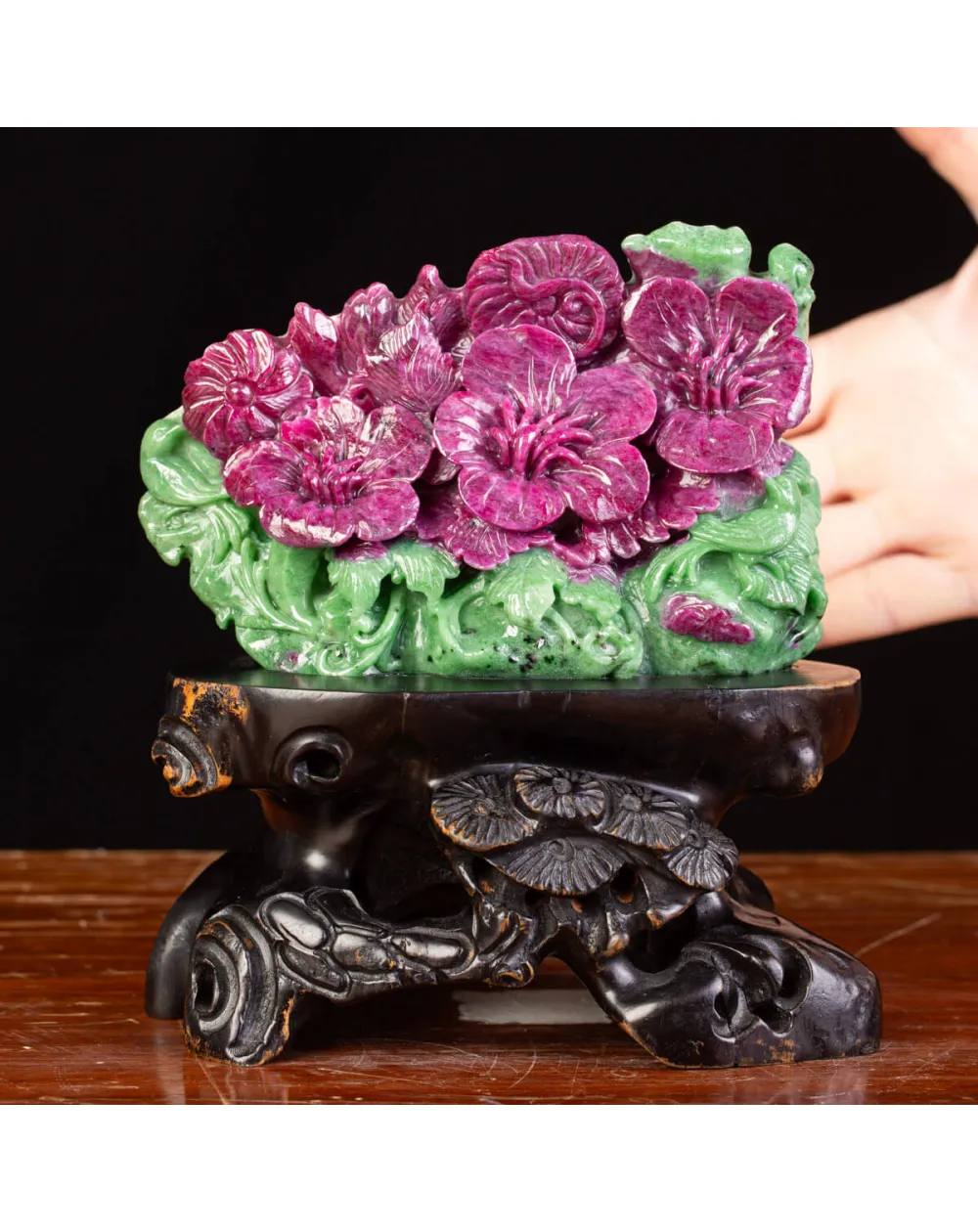 Ruby and Zoisite Sculpture: Hand-Carved Floral Art. - RZS-07